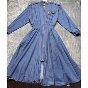 VTG Rafael Denim Maxi Dress Women's M Blue Studded Grommet Zip Front 80s Cowgirl